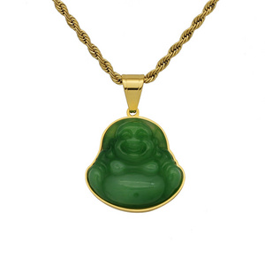 Green Jade Buddha Pendant Necklace 316 Stainless Steel Chain Plated 18k Gold Resin Maitreya Choker