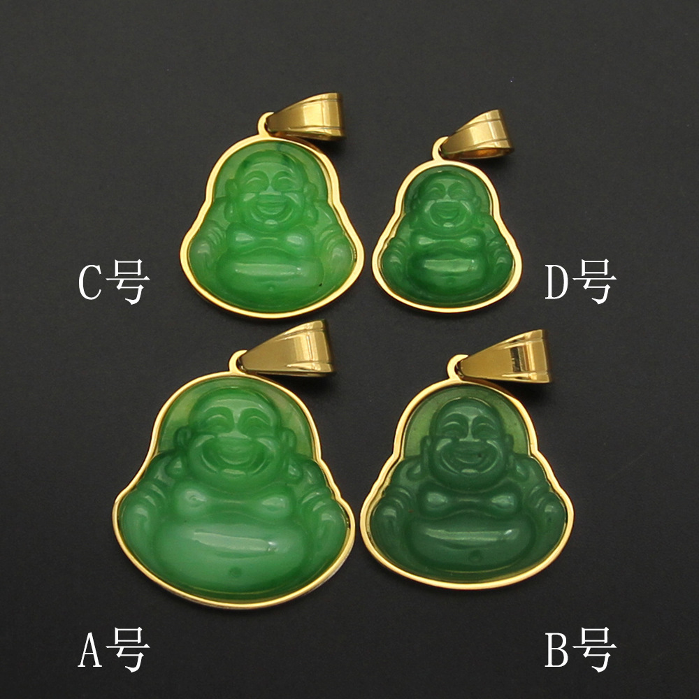 Green Jade Buddha Pendant Necklace 316 Stainless Steel Chain Plated 18k Gold Resin Maitreya Choker