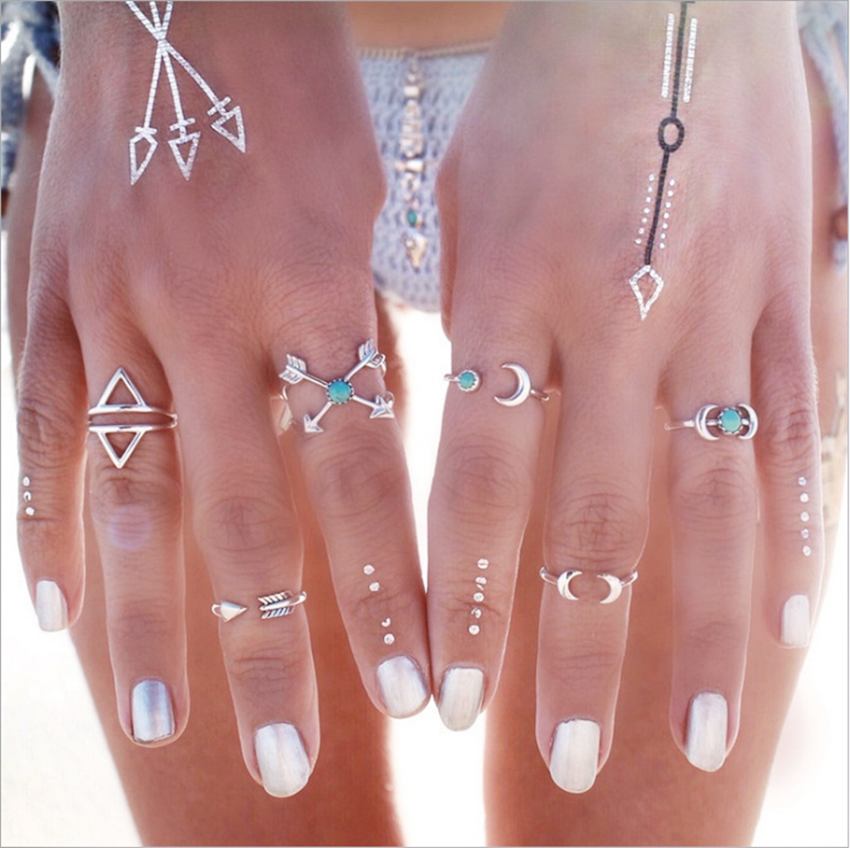 JOYA GIFT 6PCS Boho Beach Top Sales Jewelry Moon Arrow Green Turquoise Rings For Women Bohemian Knuckle Rings Set