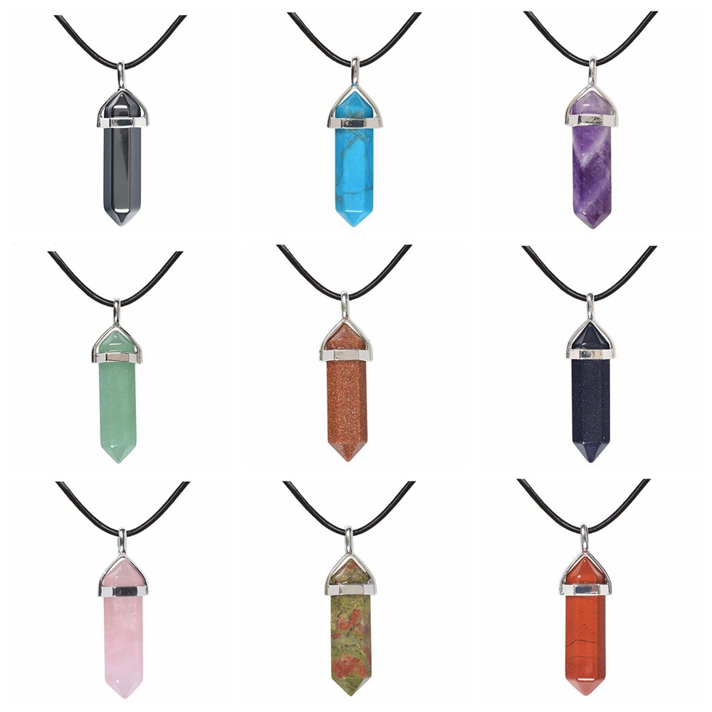 Hexagonal Chakra Crystal Bullet Shape Gemstone Pendant Necklaces Pointed Quartz Stone Chain Necklaces