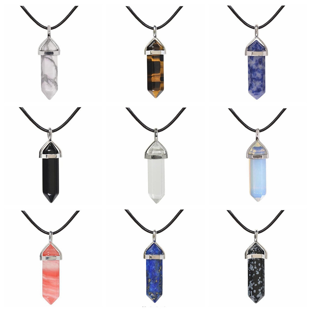 Hexagonal Chakra Crystal Bullet Shape Gemstone Pendant Necklaces Pointed Quartz Stone Chain Necklaces