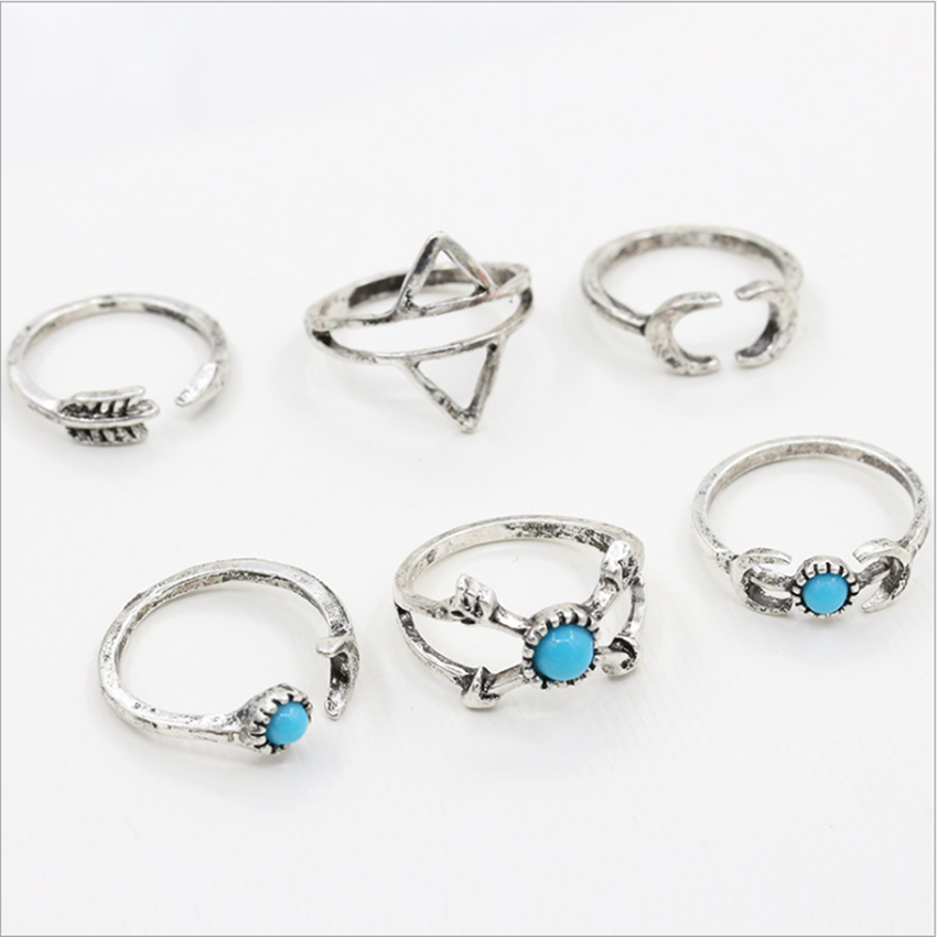 JOYA GIFT 6PCS Boho Beach Top Sales Jewelry Moon Arrow Green Turquoise Rings For Women Bohemian Knuckle Rings Set