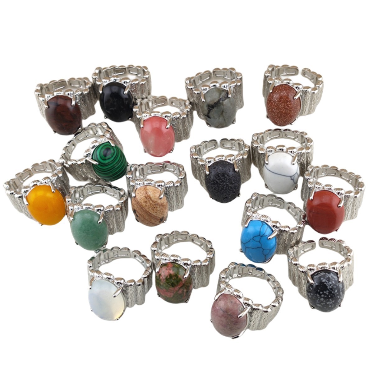 Natural Stone Rings for Women Girls Lucky 13x18MM Gemstone Cabochon Adjustable Antique Silver Ring Factory Wholesale