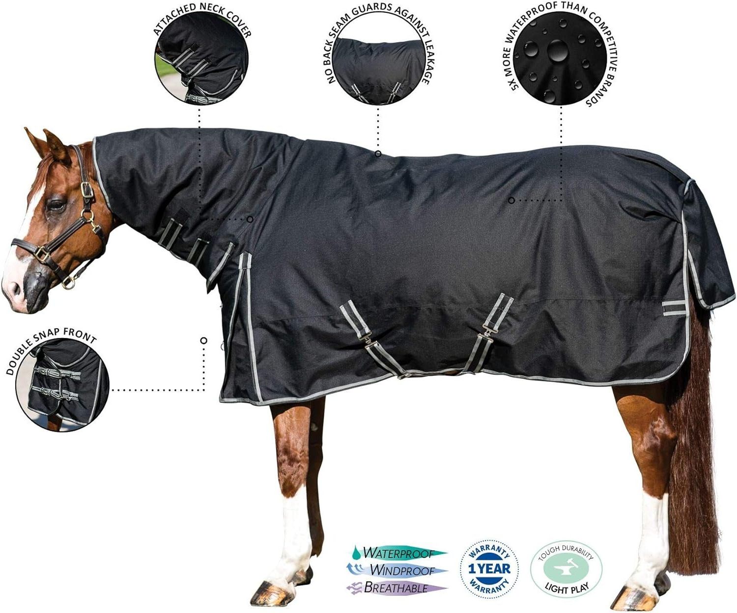 Horse Turnout Sheet - Light Play | Attached Neck Cover | Size 76 - Black | 1200 Denier | Criss-Cross Surcingle | Waterproof