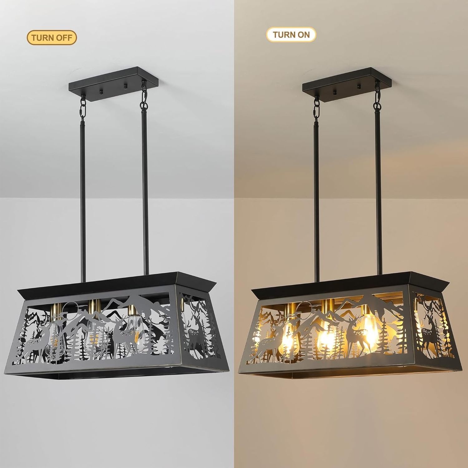 Modern Industrial 5-Lamp Black Linear Rectangular Farmhouse Deer Ceiling Pendant Light for Kitchen Island Dining Table Lamp