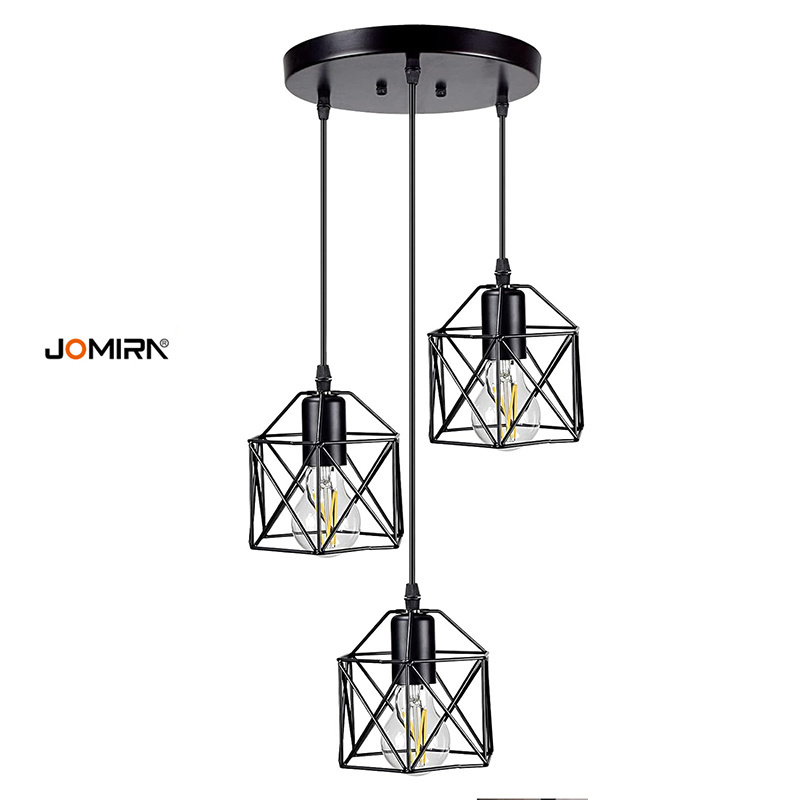 Industrial Retro Metal Pendant Light Adjustable Suspension Fixture 3-Light Cage Shade Vintage Black Kitchen Island Chandelier