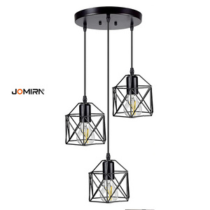 Industrial Retro Metal Pendant Light Adjustable Suspension Fixture 3-Light Cage Shade Vintage Black Kitchen Island Chandelier