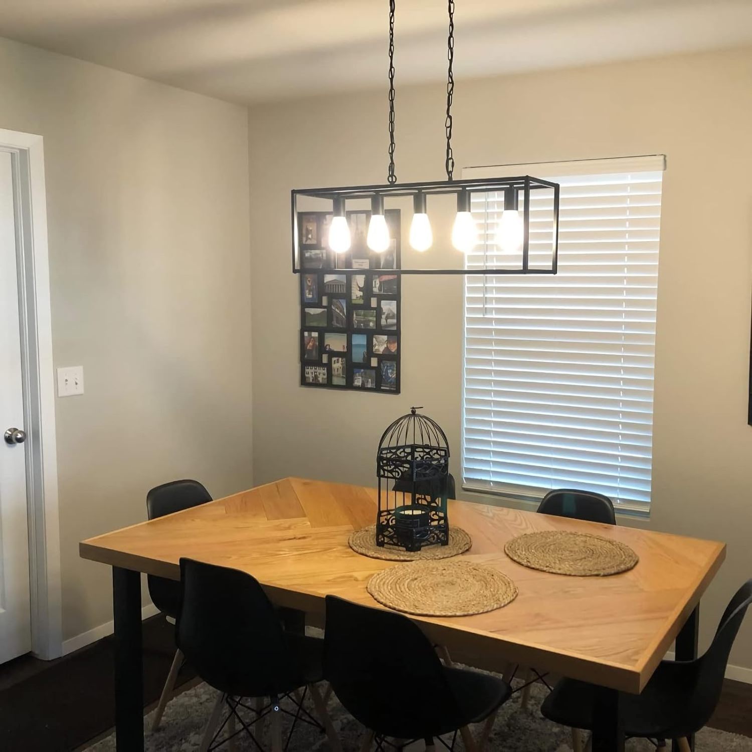 Farmhouse Branch Pendant Light Rectangular Black with Glass Lampshade Adjustable Rod Industrial Chandelier for Kitchen Island