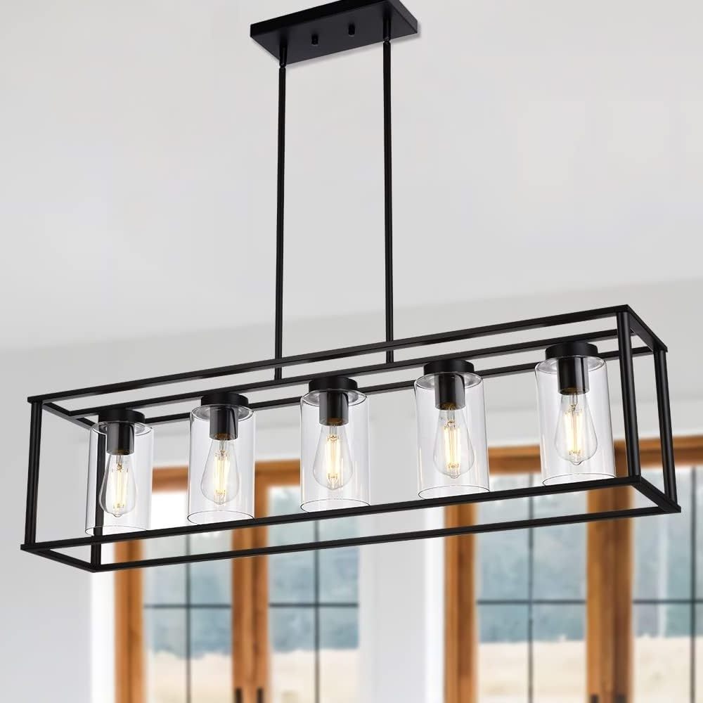 Farmhouse restaurant glass linear pendant light matte finish black surface suitable for kitchen island pendant light