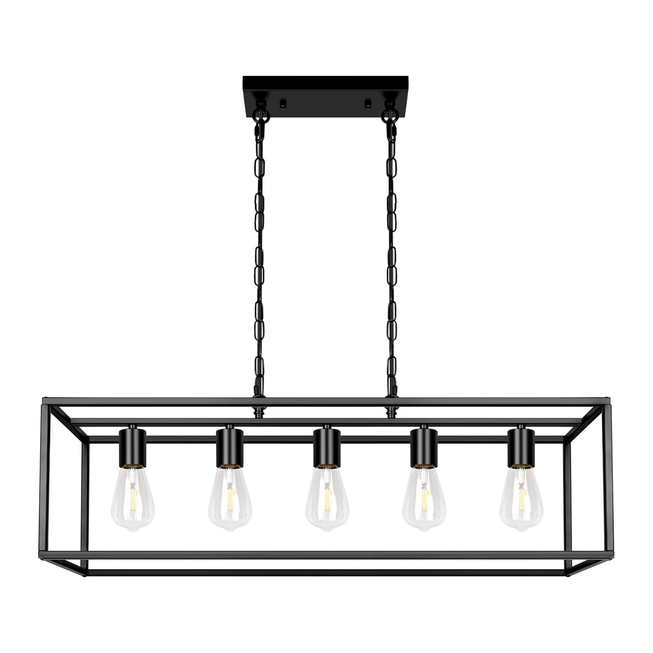 Farmhouse Branch Pendant Light Rectangular Black with Glass Lampshade Adjustable Rod Industrial Chandelier for Kitchen Island