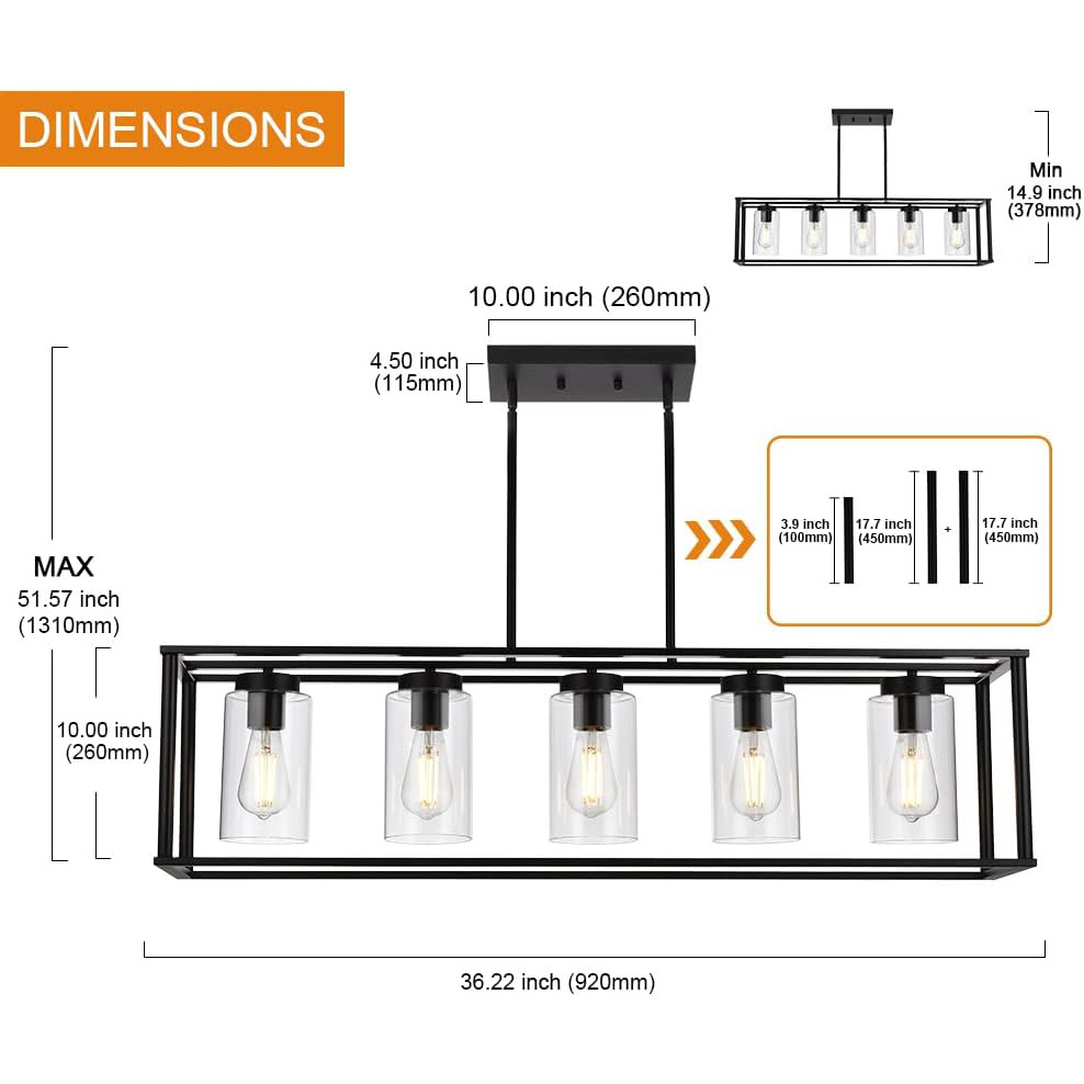 Farmhouse restaurant glass linear pendant light matte finish black surface suitable for kitchen island pendant light