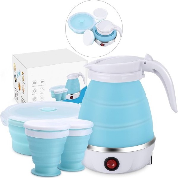 Travel Portable Kettle with Foldable Electric Kettle,600ML Portable Electric Kettle for Travel with 2 Collapsible Cups and 1 Col