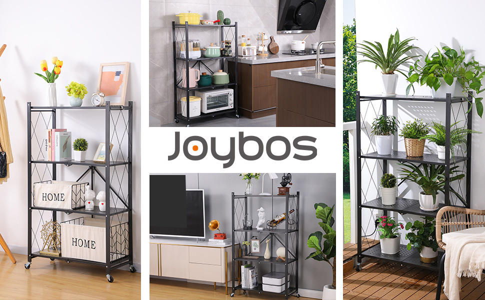 Joybos 4-Shelf Foldable Storage Shelves with Wheels  Heavy Duty Metal Shelving Organizer Wire Shelf Rack for Garage Kitchen