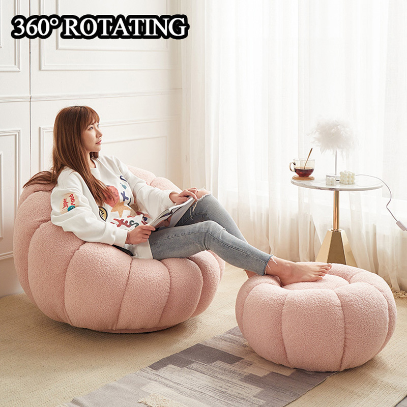 Boconcept Aesthetic Cream White Lazy Pumpkin Sofa Shaped Boucle Swivel Lounge Pumpkin Chair With Footstool