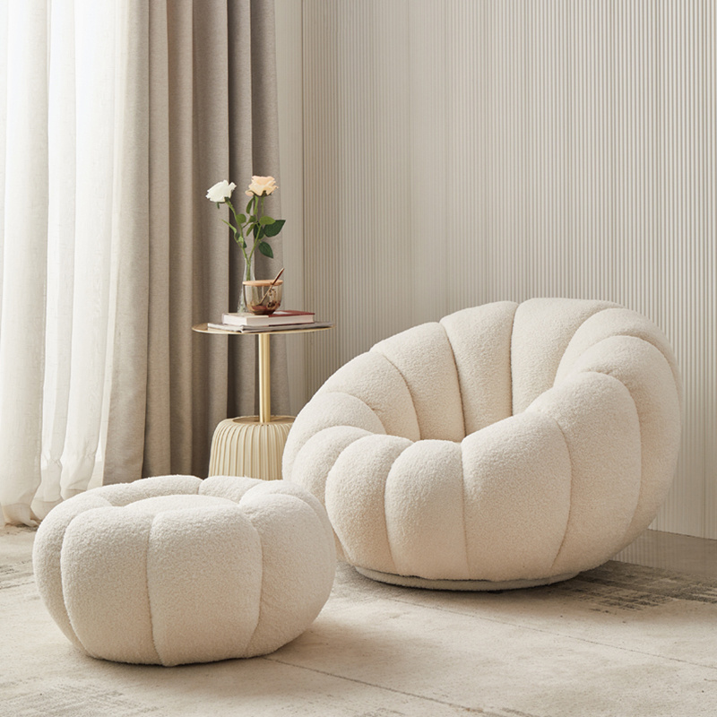 Boconcept Aesthetic Cream White Lazy Pumpkin Sofa Shaped Boucle Swivel Lounge Pumpkin Chair With Footstool