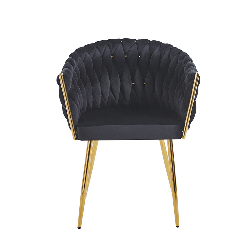 Luxury Dining Armchair Woven Black Velvet Fabric Gold Leg Leisure Arm Dining Chairs For Accent Home Furniture