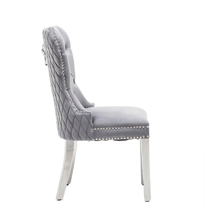 Modern European Velvet Chair Deep Buttoned With Chrome Lion Knocker And Studs Chrome Studded Dining Chair