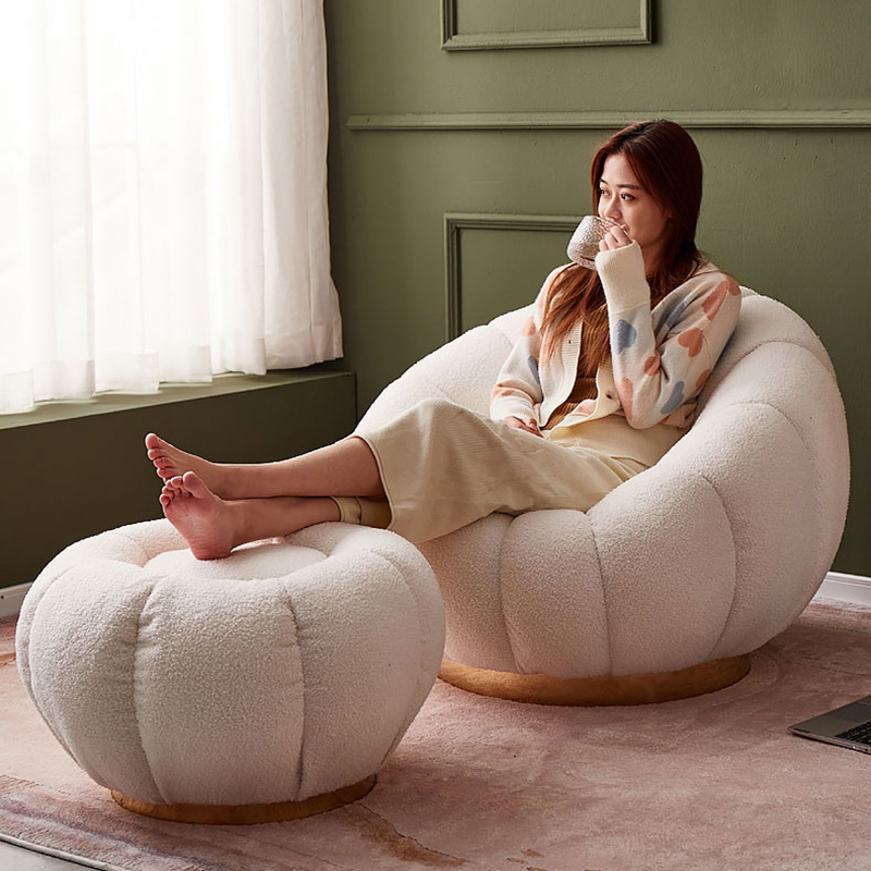 Boconcept Aesthetic Cream White Lazy Pumpkin Sofa Shaped Boucle Swivel Lounge Pumpkin Chair With Footstool