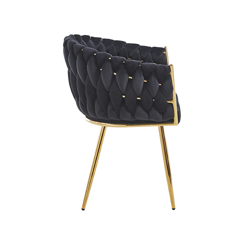 Luxury Dining Armchair Woven Black Velvet Fabric Gold Leg Leisure Arm Dining Chairs For Accent Home Furniture