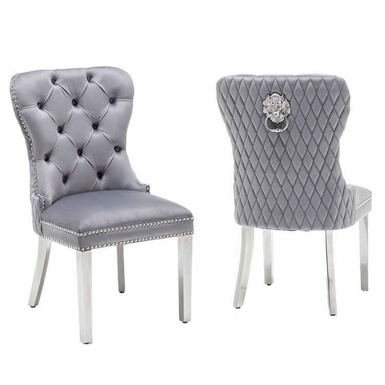 Modern European Velvet Chair Deep Buttoned With Chrome Lion Knocker And Studs Chrome Studded Dining Chair