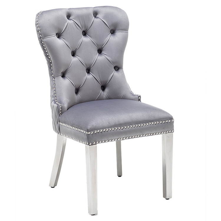 Modern European Velvet Chair Deep Buttoned With Chrome Lion Knocker And Studs Chrome Studded Dining Chair