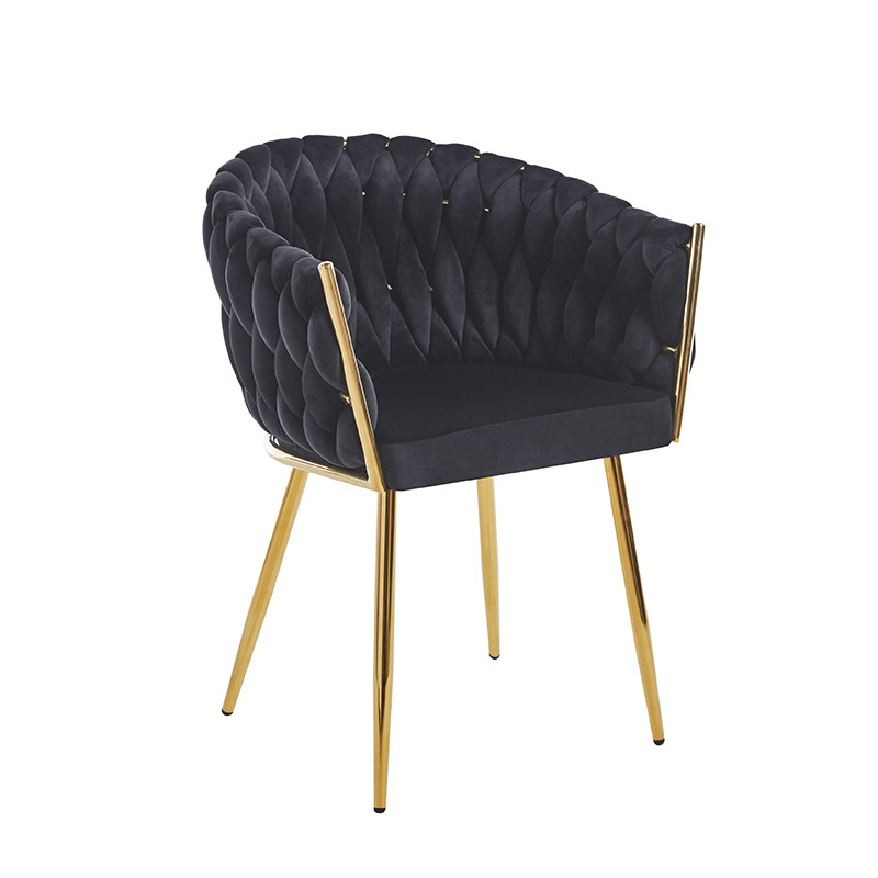 Luxury Dining Armchair Woven Black Velvet Fabric Gold Leg Leisure Arm Dining Chairs For Accent Home Furniture