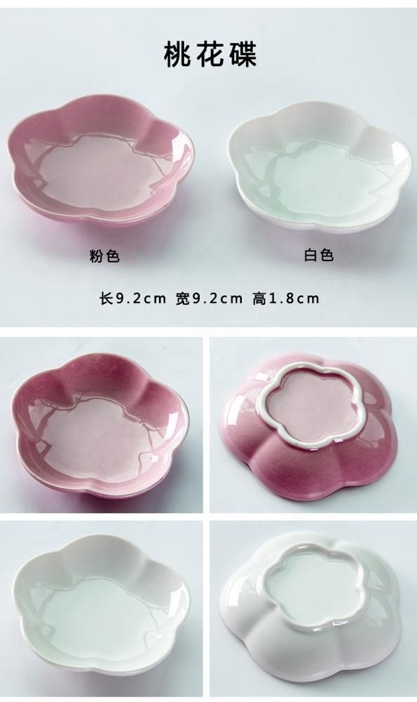 food grade cheap price ceramic dinnerware plates  pink and white color peach flower shape china ceramic plate saucer dishes