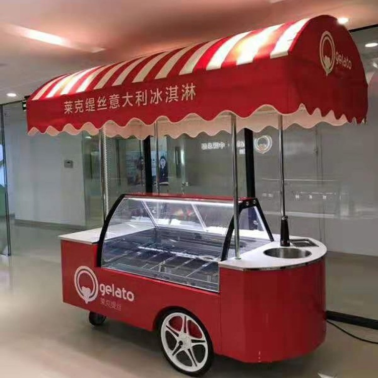 electric classic beach umbrella ice cream display carts Factory direct sales outdoor mobile 10-12-14pans ice cream cart