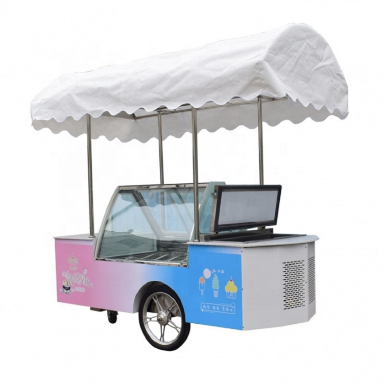 electric classic beach umbrella ice cream display carts Factory direct sales outdoor mobile 10-12-14pans ice cream cart