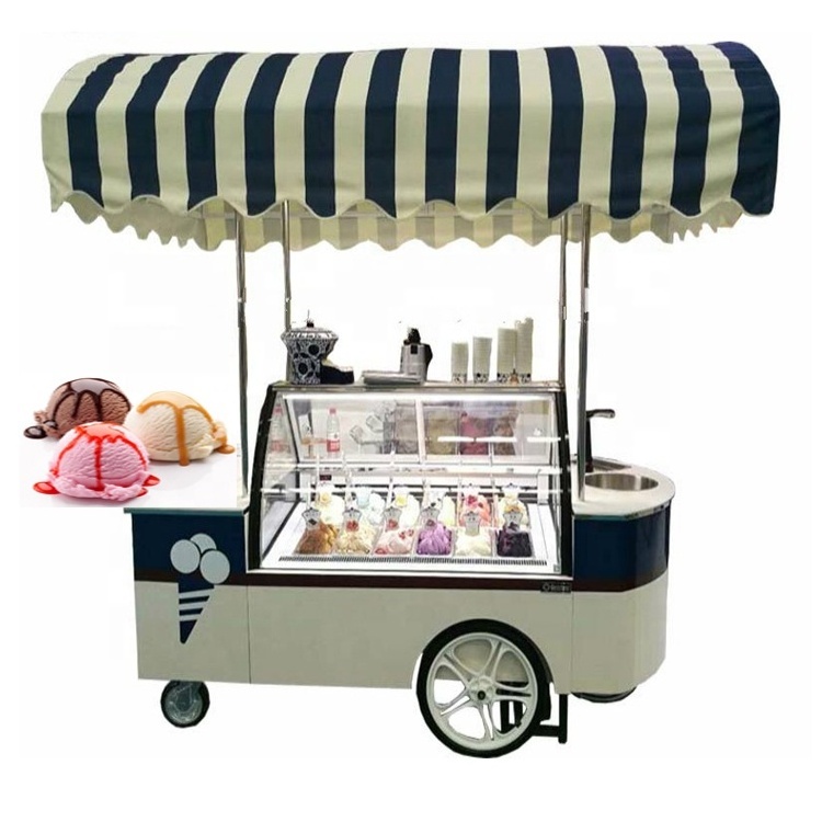 electric classic beach umbrella ice cream display carts Factory direct sales outdoor mobile 10-12-14pans ice cream cart