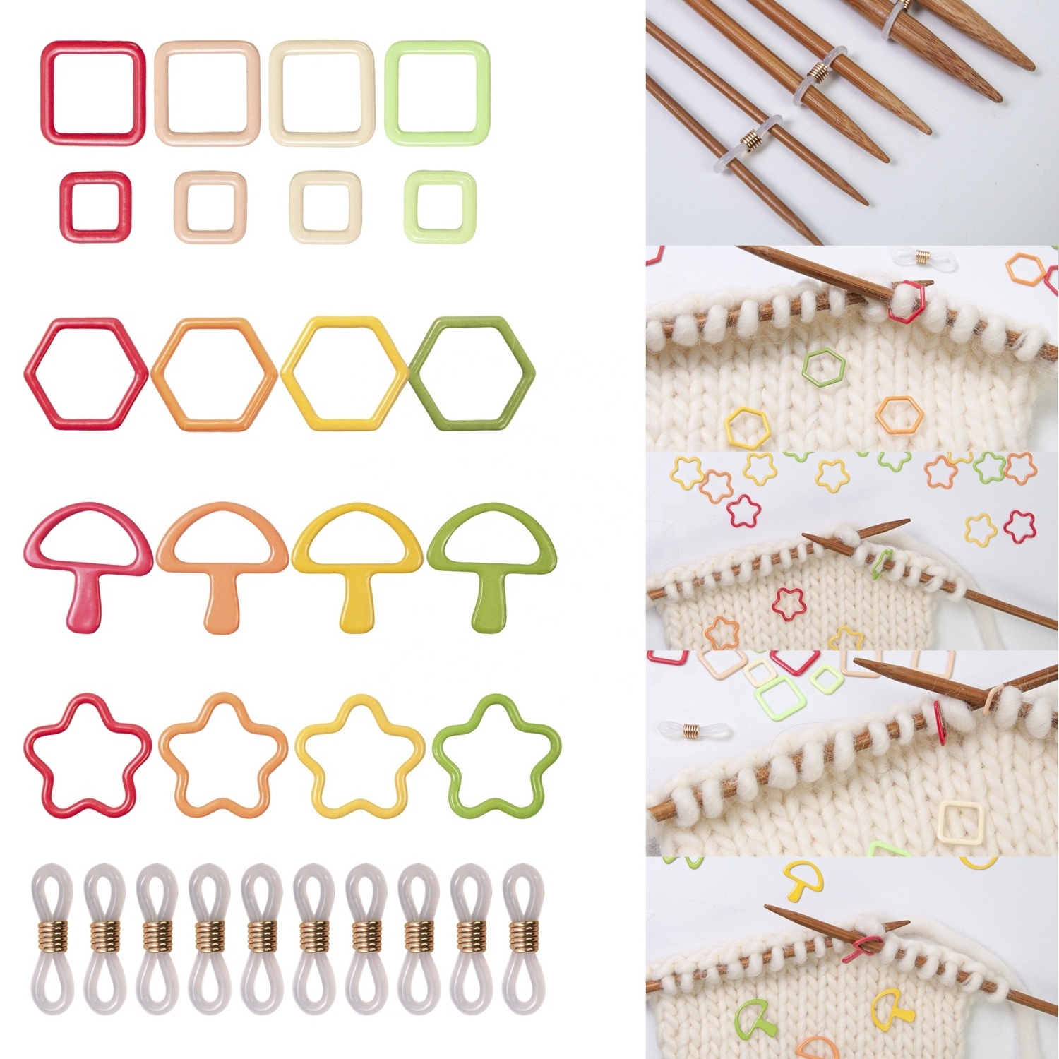 24 PCS Colorful Square Knitting Stitch Markers Crochet Locking Knitting Stitch Counter with 10 PCS Non Slip Silicone Ring