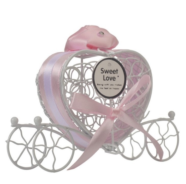 Wedding Candy Favor Box Baby Light Pink Ribbon With Acrylic Diamond White Pumpkin Metal Carriage Chocolate Box