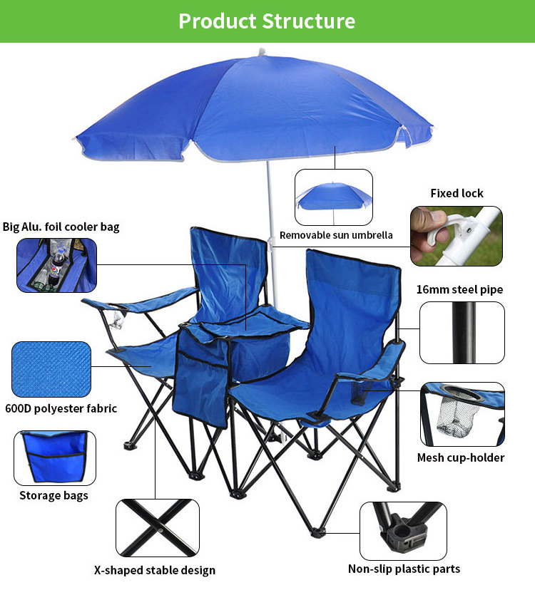 Outdoor Picnic 2 person Folding chairs middle cooler Table Portable Camping Chair Carry bag Garden Double Chair with Umbrella