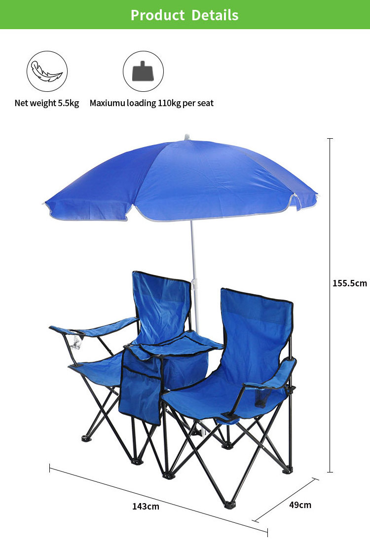 Outdoor Picnic 2 person Folding chairs middle cooler Table Portable Camping Chair Carry bag Garden Double Chair with Umbrella