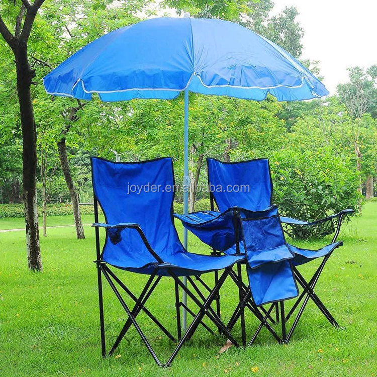 Outdoor Folding Double Beach Chair Set With Sun Umbrella