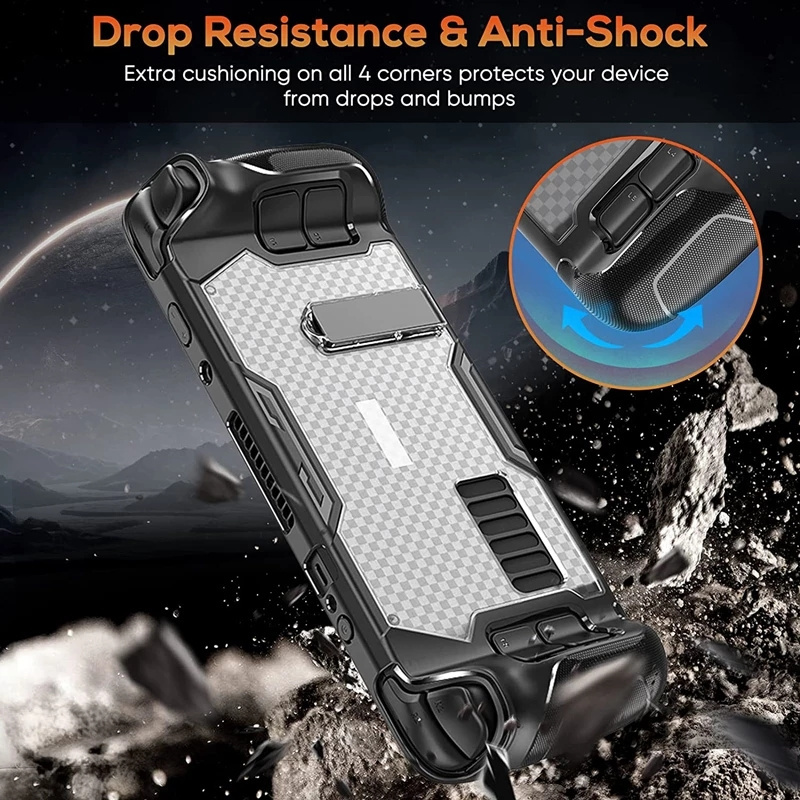 for Steam Deck Adjustable Kickstand Case Shockproof Protective Shell Tempered Film Protector with Rocker Caps for Steam Deck