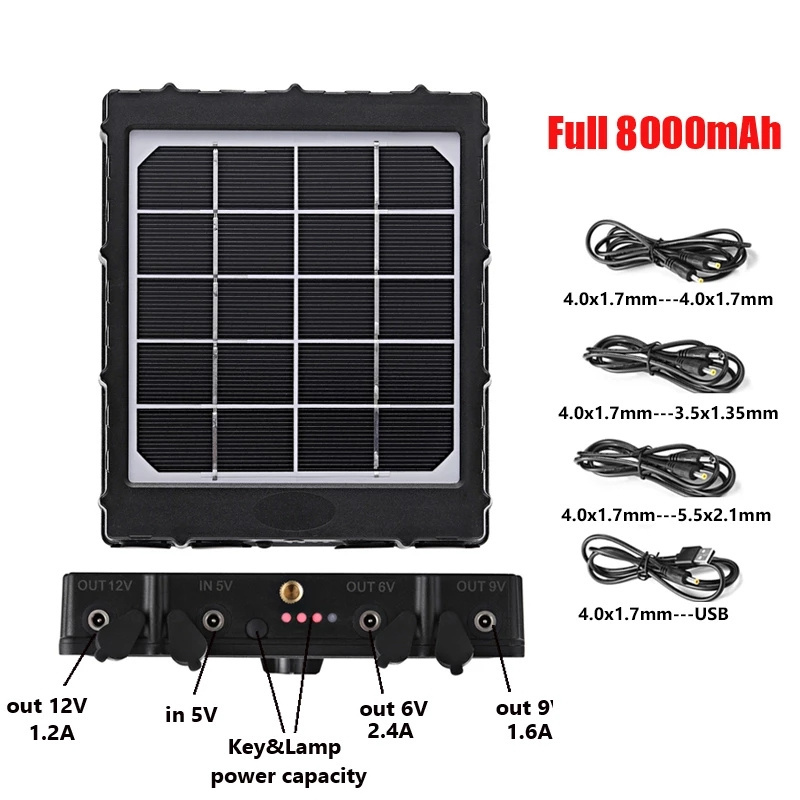 Hunting Trail Cameras Solar Panel Charger 6v/9v/12v 8000mAh for feeder kit forest Game Cameras 1.7mm/DC2.1mm/USB adapter