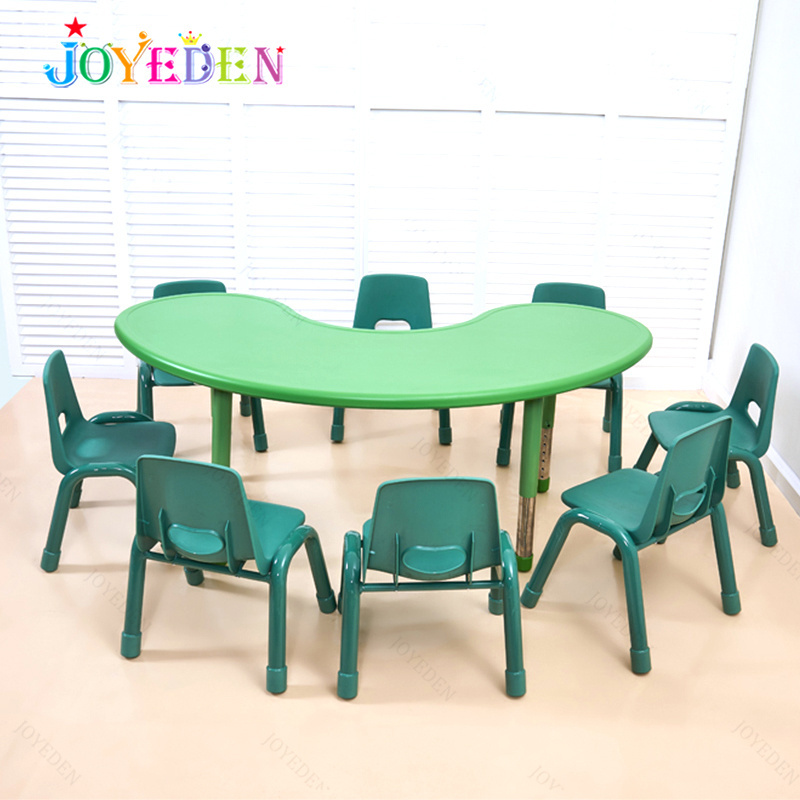 wholesale colorful Indoor  Plastic Adjustable height moon shape kids party table and chair set kindergarten furniture