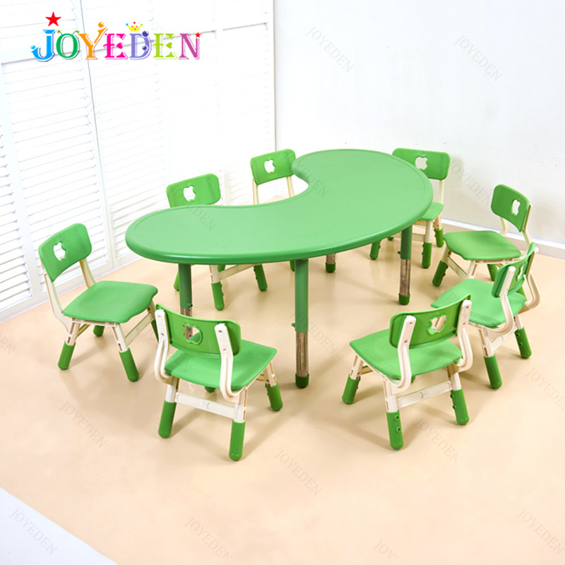 wholesale colorful Indoor  Plastic Adjustable height moon shape kids party table and chair set kindergarten furniture