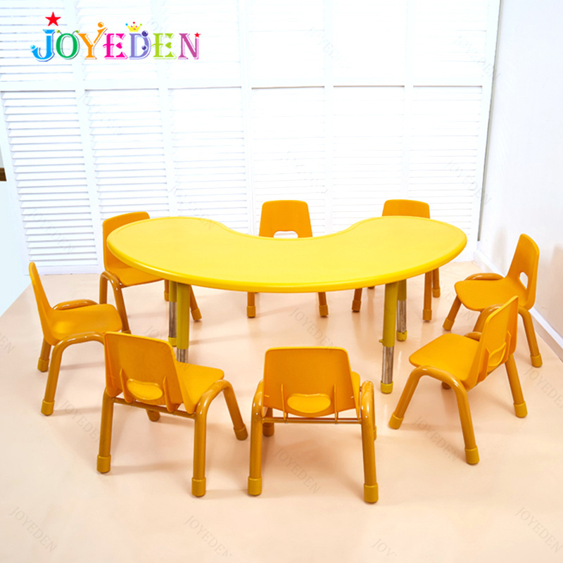 wholesale colorful Indoor  Plastic Adjustable height moon shape kids party table and chair set kindergarten furniture