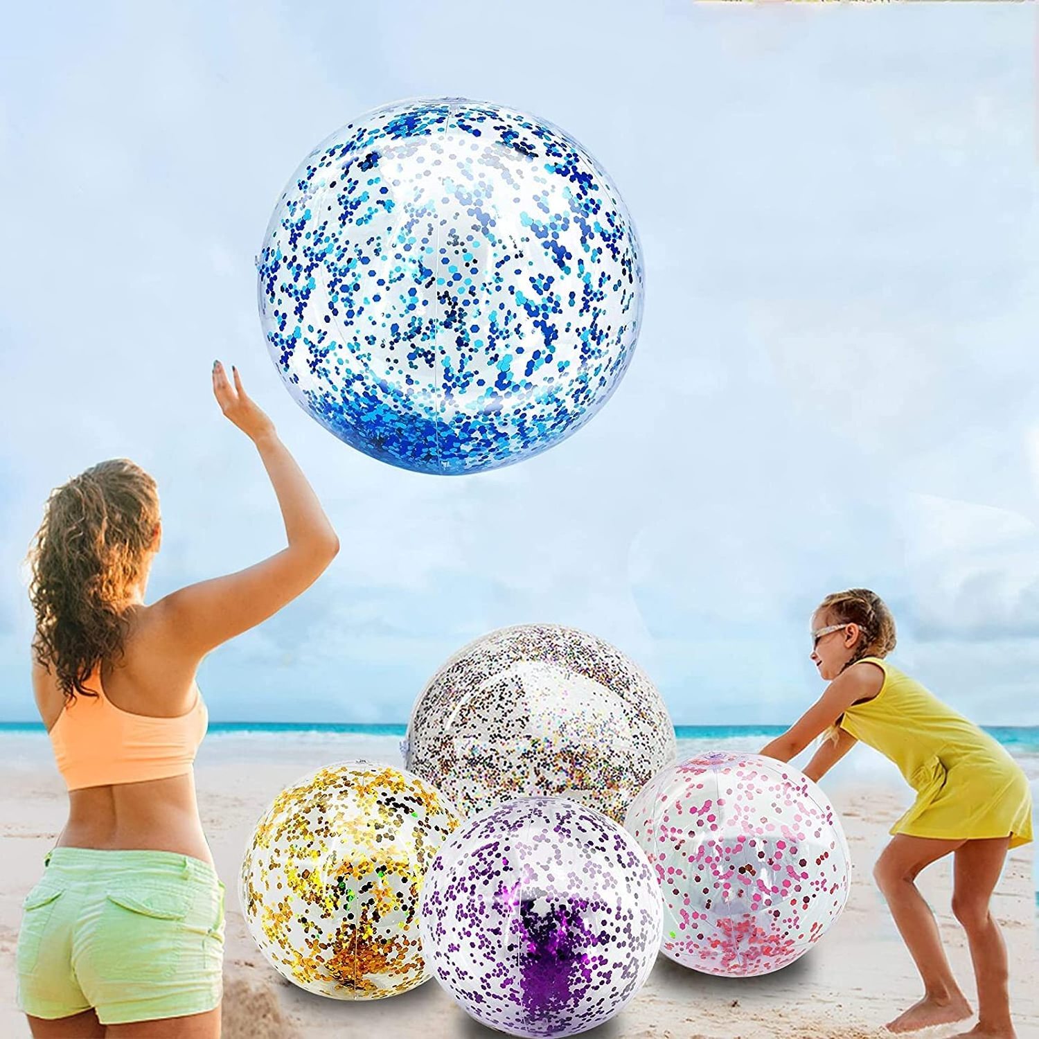 Beach Toys Sequins Beach Ball Jumbo Pool Toys Balls Giant Confetti Glitters Inflatable Clear Beach Ball 24 Inch 16 Inch PVC