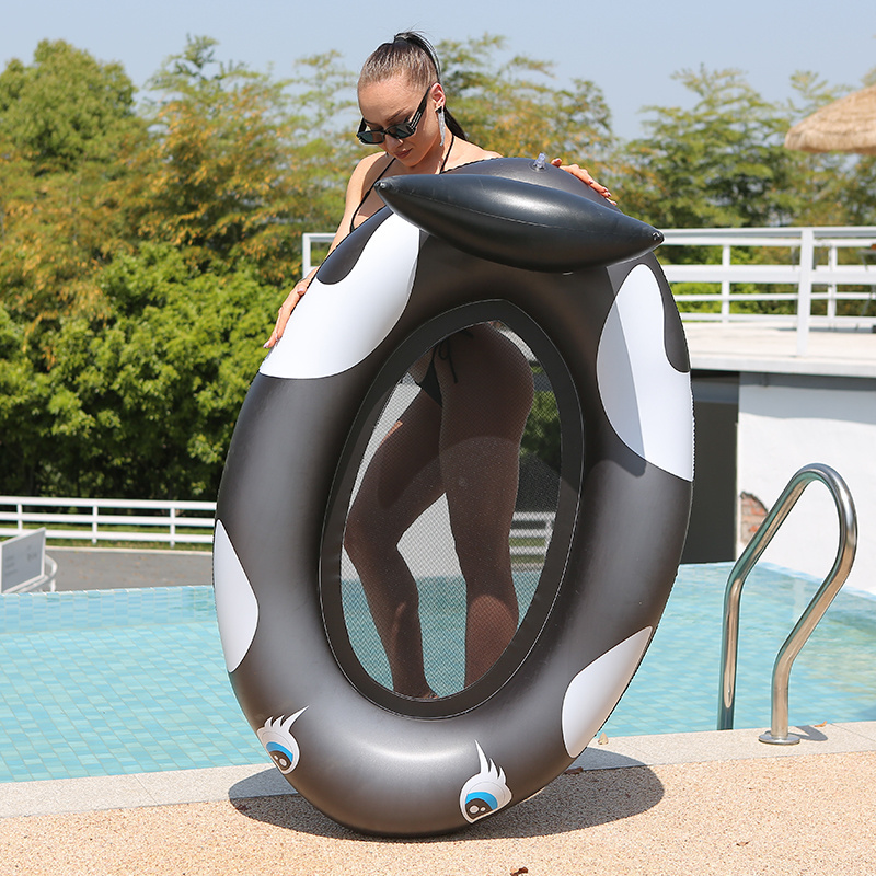 New Design Animal Pool Floating Custom Logo Killer Whale Pool Float Mattress Black White Pool Floats Lounger With Net