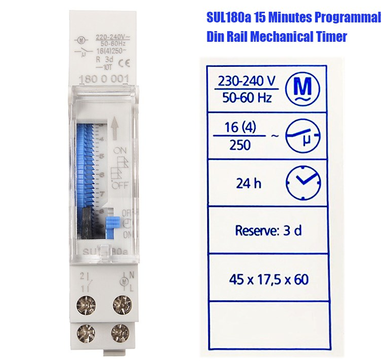 SUL180a 15 Minutes Mechanical Timer 24 Hours count timer Switch Programmable Din Rail Timers Measurement Analysis