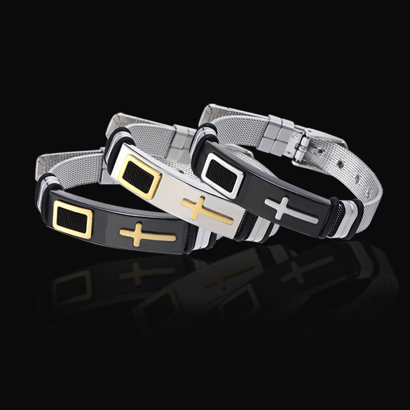 High Polished Gold Black Pvd Plated Stainless Steel Curved Cross Bracelet Mesh Strap Silicone Adjustment Bracelet for Men