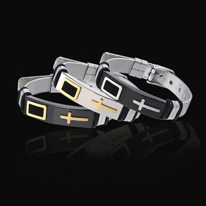 High Polished Gold Black Pvd Plated Stainless Steel Curved Cross Bracelet Mesh Strap Silicone Adjustment Bracelet for Men