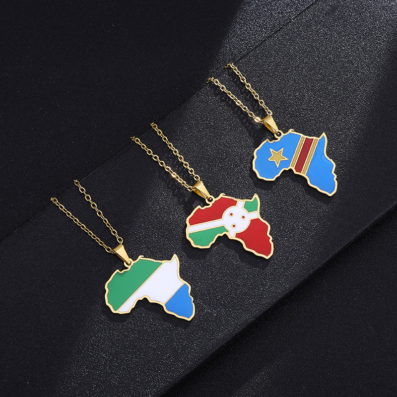 China Factory Stainless Steel Jewelry Africa Map Pendant Necklace Enamel Jewelry African Country Map Chain Necklace