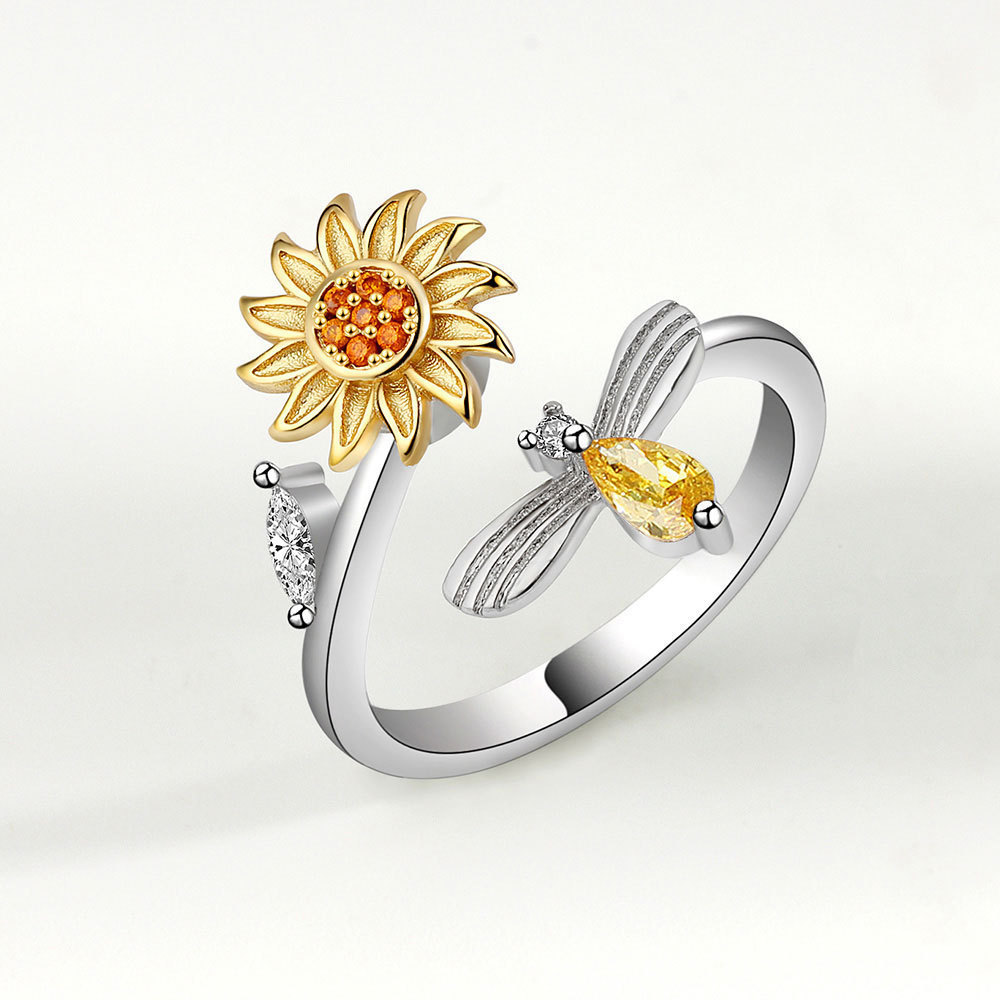 Brass Irregular Square Spinner Open Ring Sunflower Bee Adjustable Ring Lucky Beads Rotating Ring For Relief Fidget Anxiety