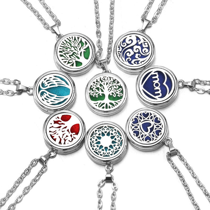 Aromatherapy Diffuser Hot Necklace Stainless Steel Perfume Pendant Necklace Geometric Hollow Life Tree Necklace For Women Men