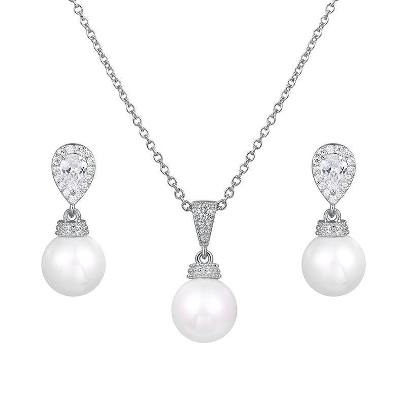 2022 Luxury Cubic Zircon Stones Pearl Pendant Necklace Earring Set Jewelry Set