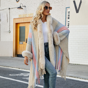 Soiling Custom LOGO OEM Hooded shawl women cappa autumn winter fur collar sweaters coats striped knitted fringe cape